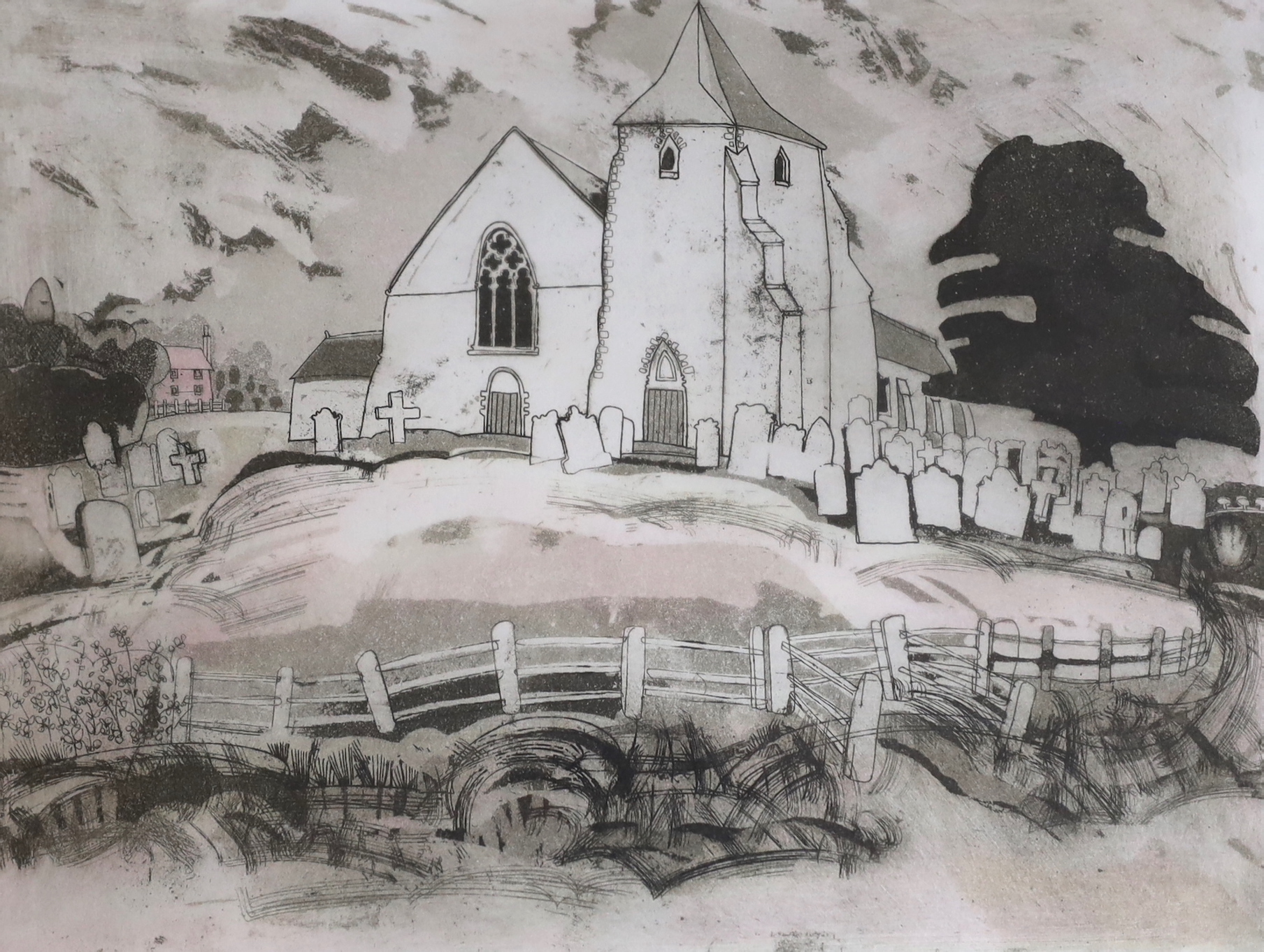 Graham Clarke (b.1941) etching, 'St. Clements, Old Romney', signed in pencil, limited edition, 6/25, label verso, 29 x 37cm